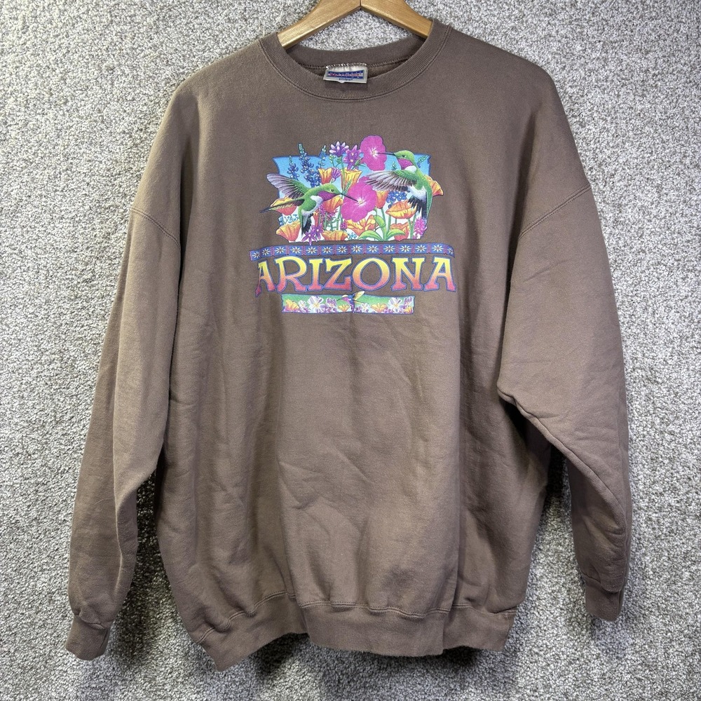 Vintage Hanes Sweatshirt Mens XL Brown Arizona Hummingbird Graphic‎ Fleece 90s